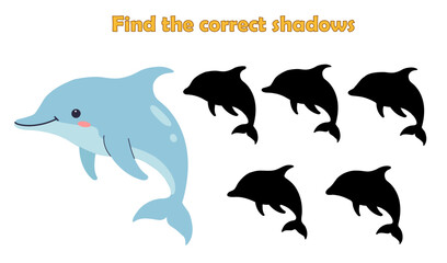 Find the correct shadow, dolphin. isolated on white background. Sea life. Game for children. Vector illustration.
