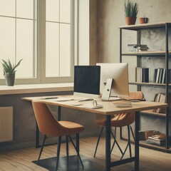 Fototapeta premium Cozy office coworking interior with table and pc computers, shelf, and window