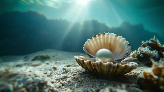 Precious Pearl in a Shell at the Bottom of the Sea, Underwater Treasure in Natural Habitat