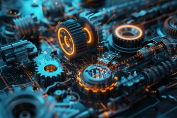Fototapeta premium Gearshift engineering mechanism design concept with a computer code blueprint, gear parts and virtual reality glowing digital infographic overlay 