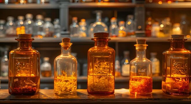 Victorian apothecary with glass bottles showcasing herbal remedies and vintage charm. Concept Vintage Charm, Herbal Remedies, Glass Bottles, Victorian Apothecary, Home Decor
