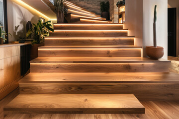 A contemporary wooden staircase with integrated LED step lights, enhancing a sleek, modern decor with a focus on natural materials.