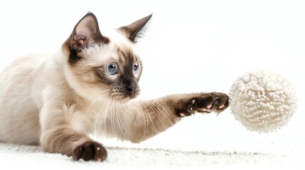 Siamese cat leaping towards a soft toy, active and agile, on white