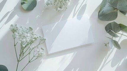 a blank white card adorned with a ribbon and delicate baby's breath flowers elegantly arranged on the right side, set against a pristine white background.