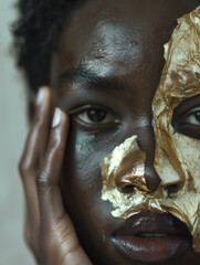 close-up of an individual’s face with a golden mask fragment covering one side