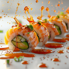 Sushi set surrounded with water and sauce.