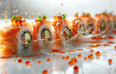Sushi set surrounded with water and sauce.