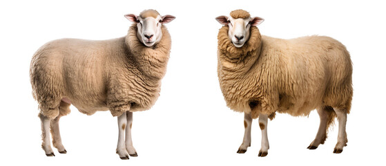 Fototapeta premium Female and male sheep with full body size standing together, isolated on transparent background