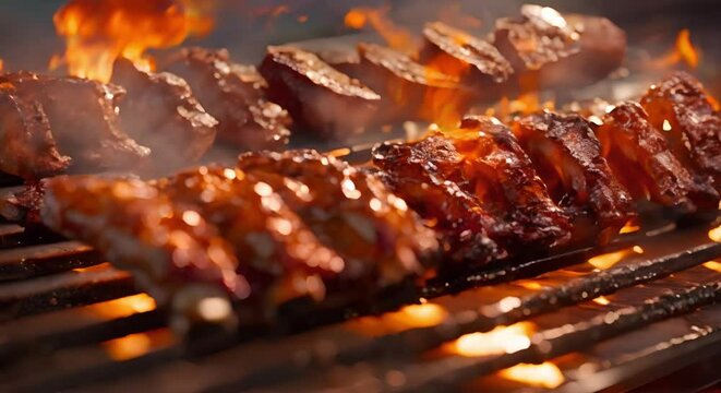 Closeup of sizzling pork ribs on a flaming grill. Concept Grilled Ribs, BBQ, Sizzling Food, Flame Grilling, Close-up Shot