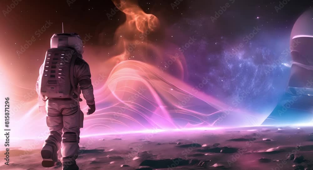Poster astronaut in spacesuit walking on moon with spacetime portal in background. concept space exploratio