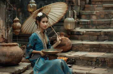Naklejka premium A Thai woman in traditional attire, holding an umbrella and a bowl of porridge while sitting on stone steps with ancient lamps surrounding her.