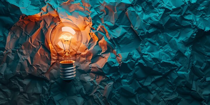 Glowing Lightbulb Amid Crumpled Paper Metaphor for Innovative Thinking and Overcoming Challenges in the Invention Process