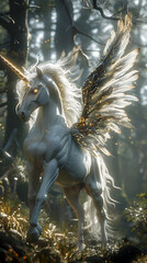 Majestic Mythical Unicorn Conjuring Magical Energy in Enchanted Forest Clearing with Glowing Horn and Translucent Wings