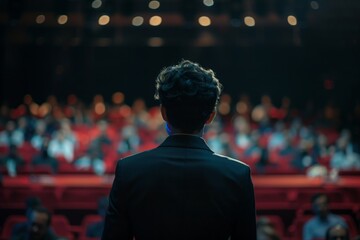 Backview of a Stylish Young Businessman in a Dark Crowded Auditorium at a Startup Summit. Young Man Talking to a Microphone During a Q and A session. Entrepreneur Happy with Event Speaker 