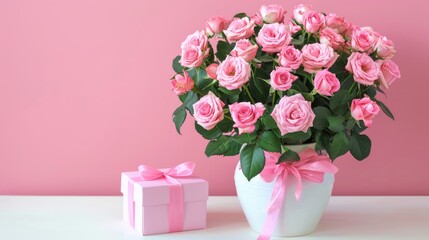 a roses bouquet nestled in a white vase alongside a heart-shaped gift box, set against a light pastel background in a minimalistic style, providing ample copy space for heartfelt messages.