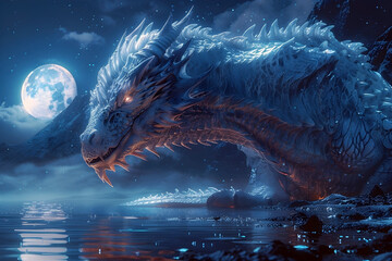 Majestic Rulers of the Skies:Regal King and Queen Dragons Soar Over Tranquil Reflective Lake in Breathtaking Detail