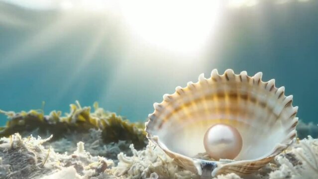 Precious Pearl in a Shell at the Bottom of the Sea, Underwater Treasure in Natural Habitat