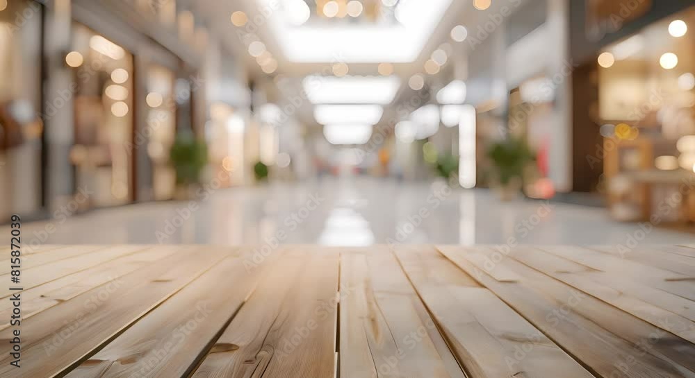 Poster blurred space mall shopping background with empty wooden display counter. concept blurred background
