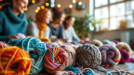 Group of people doing needlework knitting. Yarn and soft wool in various colors and textures are scattered around them.