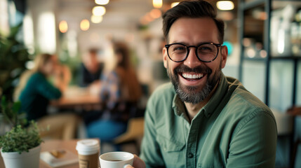 Happy Man Enjoying Coffee in a Vibrant Cafe Setting
