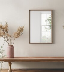 white wall with wooden frame mockup, reflections on the glass of window in the frame, pink vase and dried grass near it, modern style