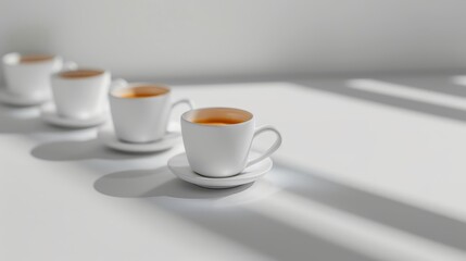 Focus on the smallest espresso cup in a set, close-up, realistic, Blend mode, isolated on a white background to draw attention to its unique size and shape