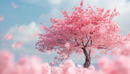 A detailed photograph showcasing a single cherry blossom tree in full bloom, its delicate pink flowers creating a stunning contrast against a clear spring day