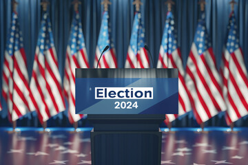 Podium on stage with Election 2024 sign surrounded by American flags