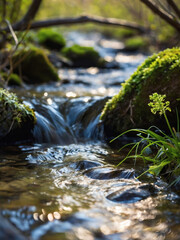 Nature's Renewal, Close-Up of Babbling Brook and Sprouting Greenery in Spring
