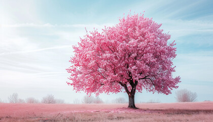 A detailed photograph showcasing a single cherry blossom tree in full bloom, its delicate pink flowers creating a stunning contrast against a clear spring day - Powered by Adobe