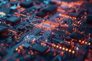 Obraz premium Printed circuit board. Abstract technology background with bokeh. 3D Render