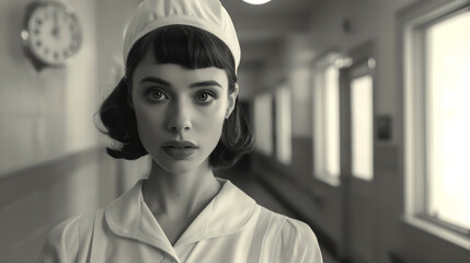 A young nurse stands in a hospital hallway, her face a mask of determination and compassion