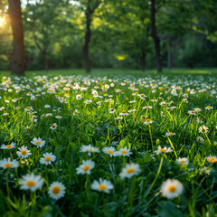 Field of green grass and blooming daisies and dandelions, a lawn in spring,a ai technology