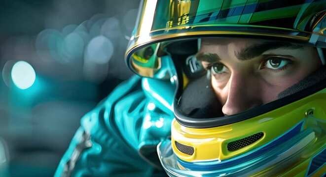 Formula One driver in focus preparing in safety gear before race starts. Concept Formula One, Race Preparation, Safety Gear, Driver Focus, Adrenaline Rush