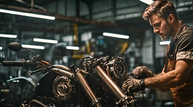 Zweiradmechatronikerin repariert ein Motorrad in der Werkstatt