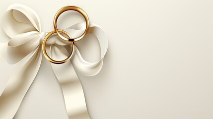 a pair of gleaming gold wedding rings elegantly tied with a ribbon, with a banner offering ample space for personalized messages or wishes.