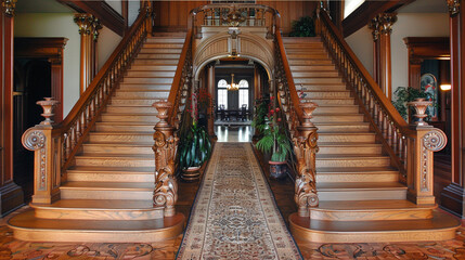 A grand foyer with a traditional wooden staircase, detailed scrollwork on the balusters, and a vintage runner rug leading guests to the upper floors.