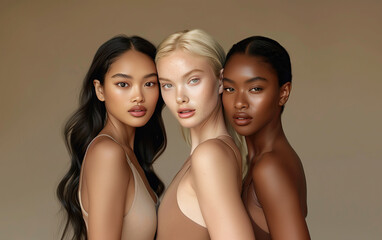 Three diverse models showcasing beauty in a studio portrait, perfect for fashion and inclusivity campaigns. Ideal for cosmetics advertising and model agency portfolios, high-quality photography