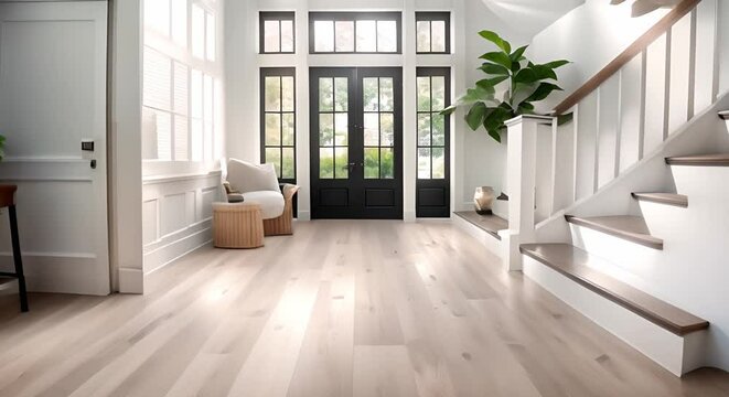 Bright entry foyer with white walls staircase light hardwood floors and dark door. Concept Home Decor, Entryway Design, Interior Styling, Neutral Tones, Modern Architecture