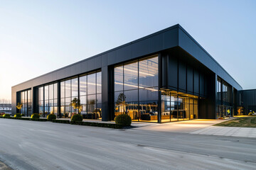 Exterior of a high-end fashion warehouse with sleek black and glass fa? section ade, straight-on view.