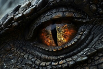 Intimidating Black dragon eye. Animal monster. Generate Ai