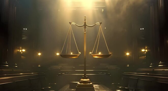 Dark courtroom with Scales of Justice symbolizing law and judiciary. Concept Law and Judiciary, Dark Courtroom, Scales of Justice, Legal Symbolism