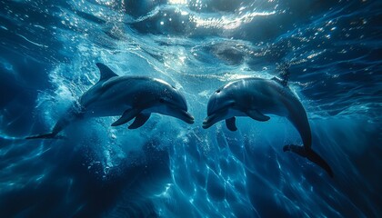 Obraz premium Two dolphins swimming in the ocean by AI generated image