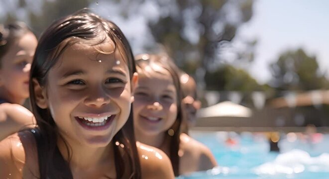 Kids of various backgrounds learning water safety in swimming lessons at pool. Concept Swimming Lessons, Water Safety, Kids Education, Swim Training, Diverse Backgrounds