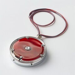 A red circular bell with metal rim and silver clasp