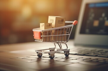 AI generated illustration of a miniature shopping cart with boxes near a laptop, online shop concept