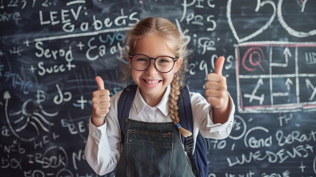 Enthusiastic young girl in classroom gives thumbs up. Student with glasses against chalkboard. Joyful learning, educational concept. AI