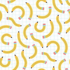 Set of yellow Pencils bending across graph paper. Back to school, teacher's day concept. Hand drawn Vector illustration. Square seamless pattern background wallpaper