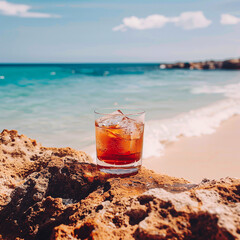 Negroni cocktail on the seashore rocks. A sunny summer day with a beautiful sea beach and a refreshing drink.