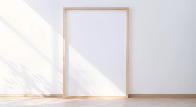 Blank large light oak frame leaning against white wall in mockup. Concept Mockup, Large Frame, Light Oak, White Wall
